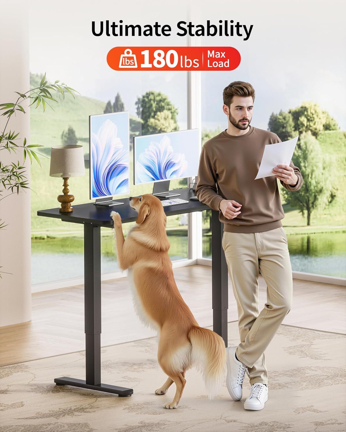 Okin Standing Desk Electric Adjustable Computer Whole Piece Stand up Desk Office Gaming Home Office Memory Desks 48x24 inches Black