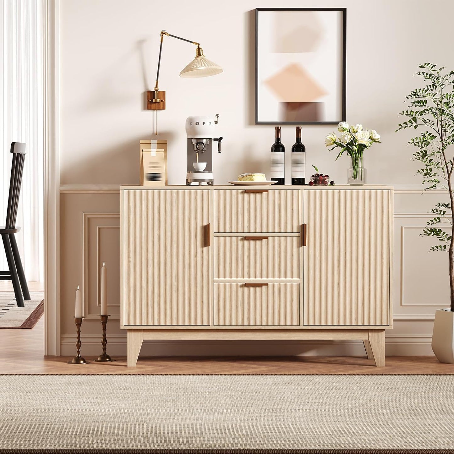 Garvee 47.2" Fluted Buffet Cabinets with Storage, Sideboard Storage Cabinet with 3 Drawers and 2 Doors, Modern Mid Century TV Stand Coffee Bar Furniture for Living Room, Kitchen, Entryway- Oak