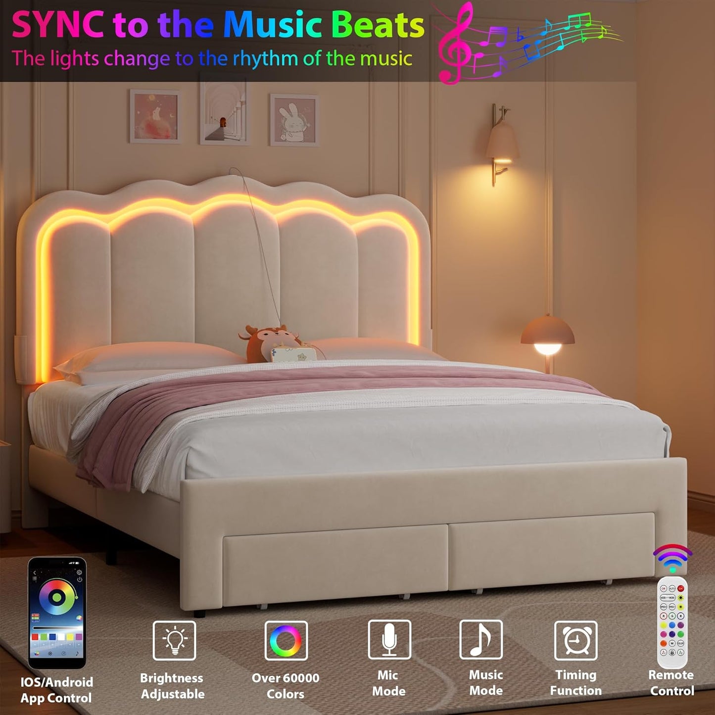 Queen Upholstered LED Bed Frame with 2 Storage Drawers and Adjustable Chic Double Wavy Headboard, Velvet Princess Platform Bed with Charing Station, Solid Wood Slats Support,No Box Spring Needed,Beige