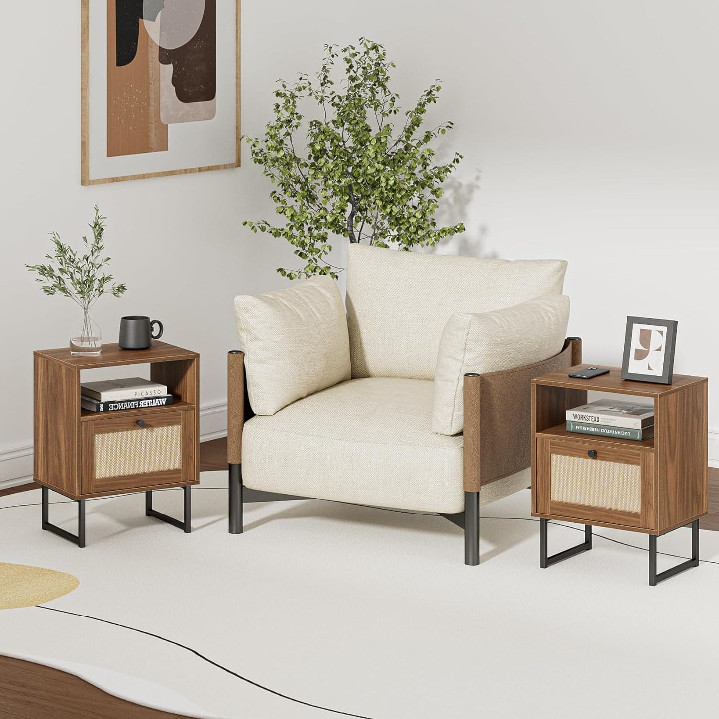 Masupu Extra Large Rattan Nightstand,Modern Boho Farmhouse Wood Bedside Table with Storage Drawer and Open Shelf, Black Frame Side End Table for Bedroom,Living Room,Office (Walnut)