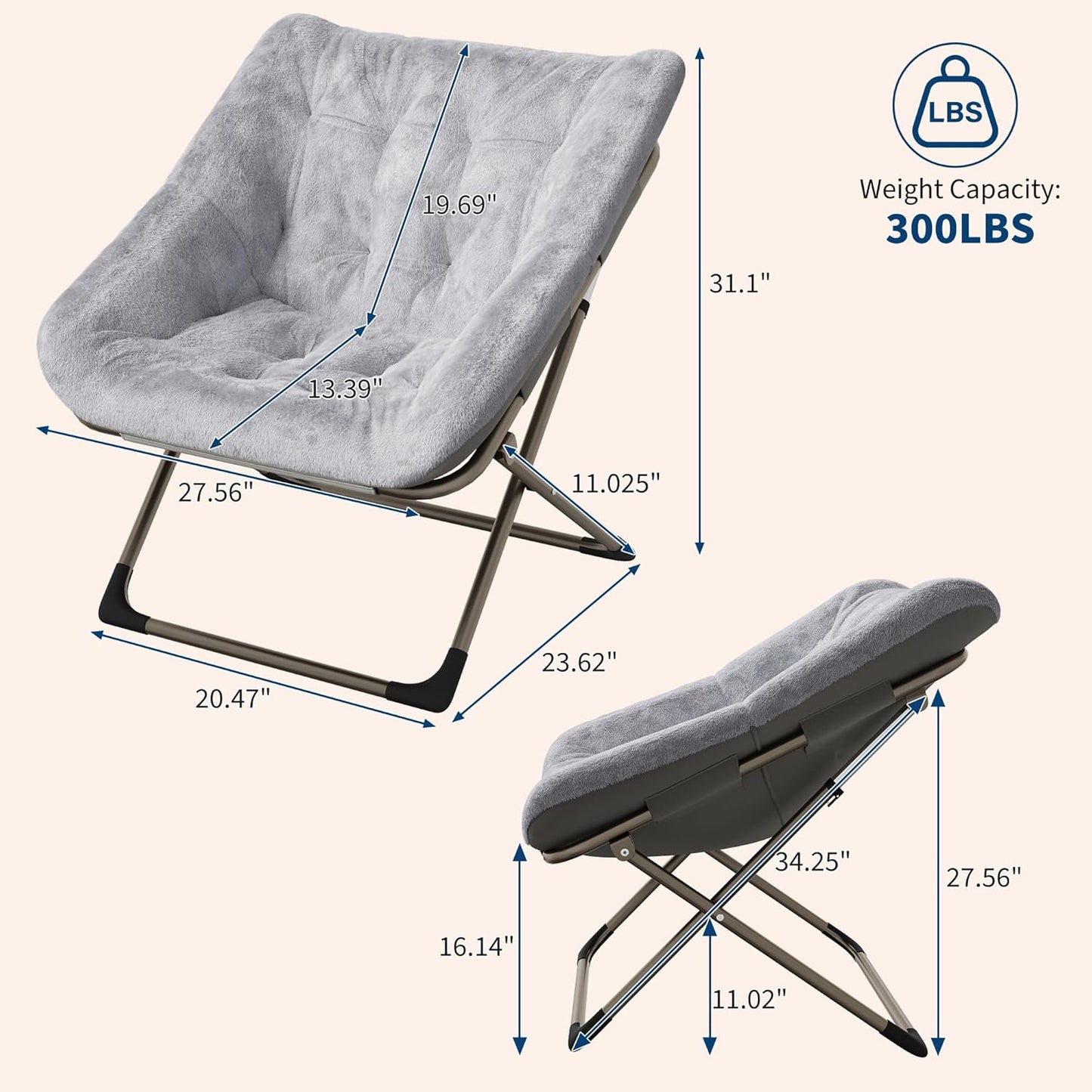 Comfy Chair for Adults, Foldable Living Room Chairs, Soft Faux Fur Folding Lounge for Bedroom Living Room Dorm Rooms, Flexible Reading Chair for Teens (2, Gray, X-Large)