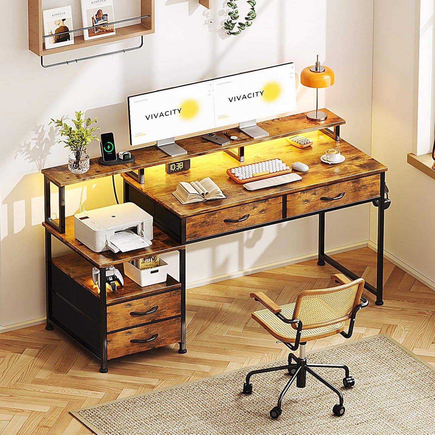 53" Computer Desk with 4 Drawers & Power Outlets, Reversible Home Office Desk with Monitor Stand & Printer Stand, Gaming Desks with Led Lights, Study Writing Work Desks Table for Bedroom, Vintage