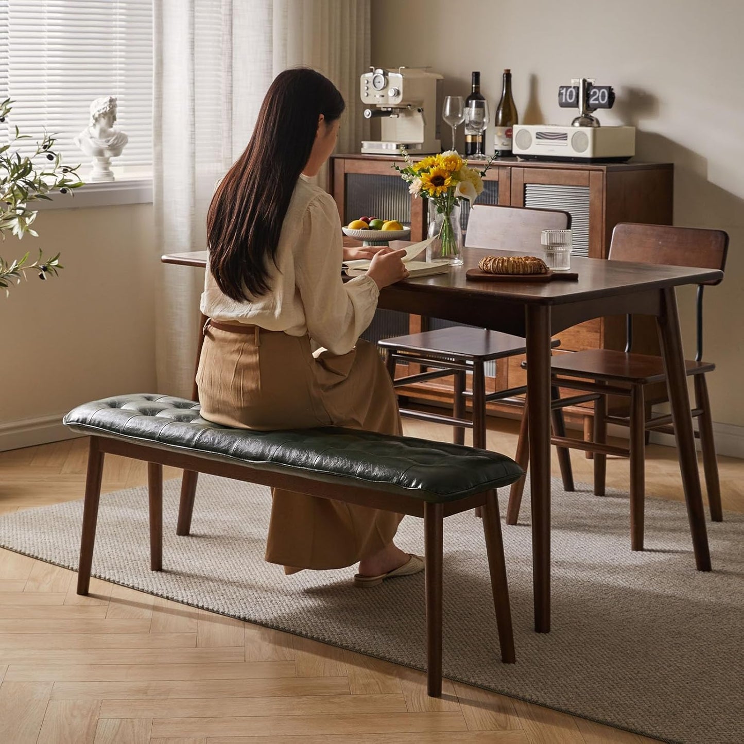 Entryway Bench, Solid Wood Dining Bench, Midcentury End of Bed Bench with PU Leather Padded Seat, Bedroom Bench, 47.24" L x 12.6" W x 17.72" H (Green)