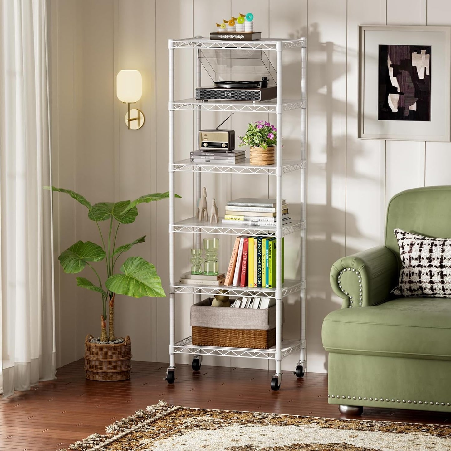 SINGAYE 6 Shelves Storage Shelf Wire Closet Bathroom Organizers Metal Pantry Kitchen Small Garage Shelving Unit Laundry Room Organization Home Narrow Rack Net Basket with Wheels White