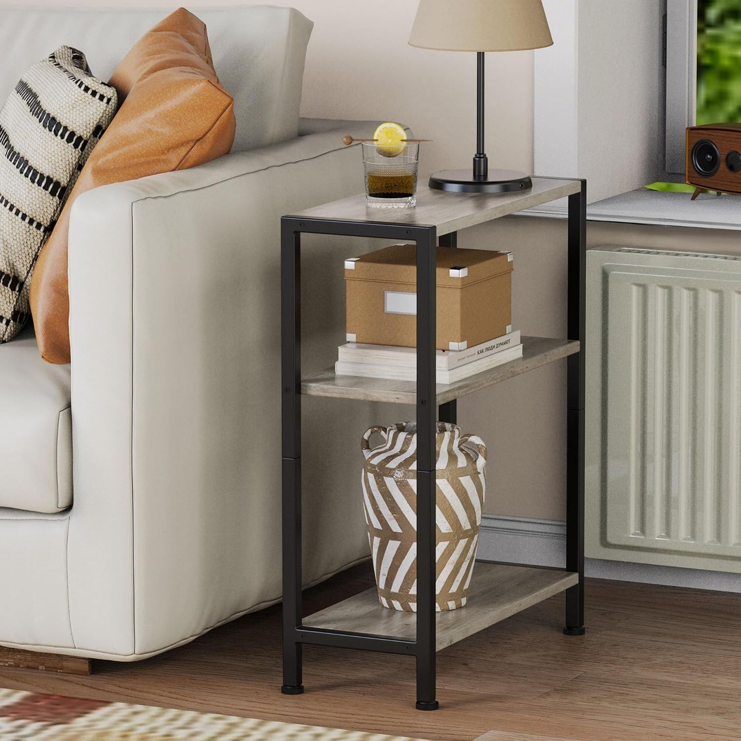 3-Tier Side Table Set of 2, Small End Table, Sofa Side Table for Narrow Spaces, Slim End Table, Nightstand Table, for Living Room Bedroom Office, Greige
