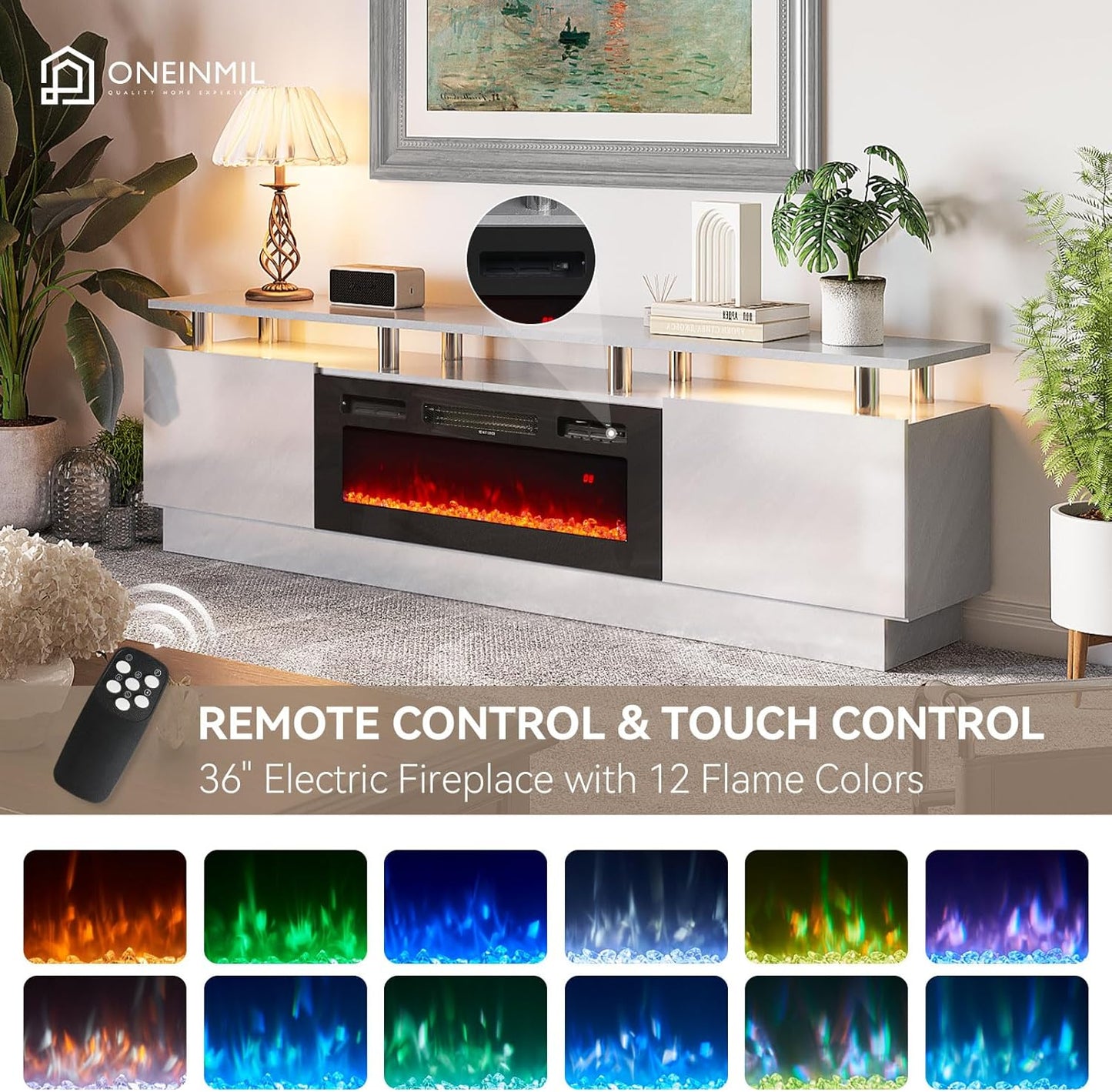 80" TV Stand & Entertainment Center, Media Console with Storage Cabinet, Fits TVs up to 90", Modern Living Room Furniture, 36" Electric Fireplace (Grey+Black)