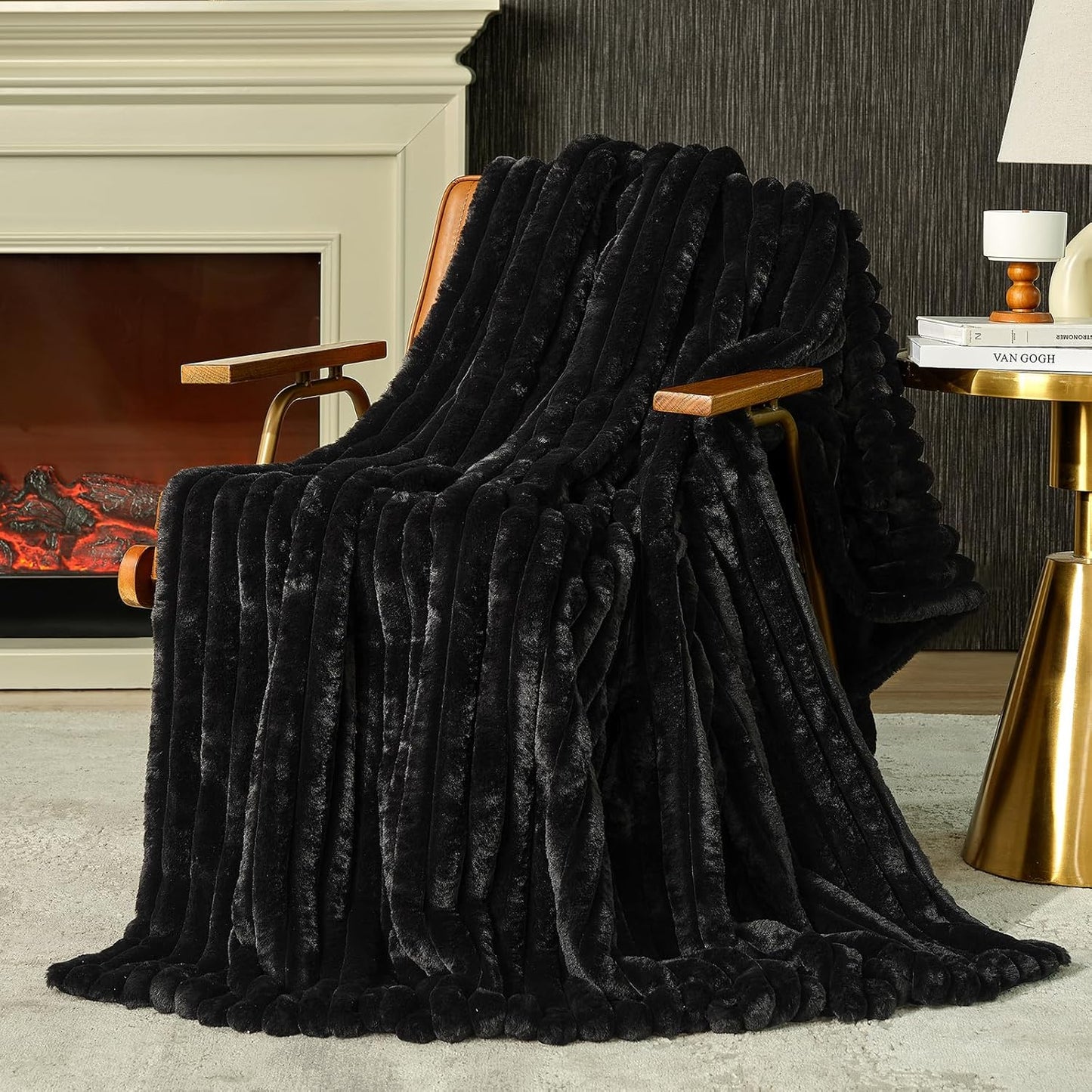 Amélie Home Faux Fur Throw Blanket for Couch, Cozy Fuzzy Fluffy Fur Luxurious Soft Striped Plush Gift Blankets for Family Sofa Chair Bed Living Room Bedroom, 55"x70", Black