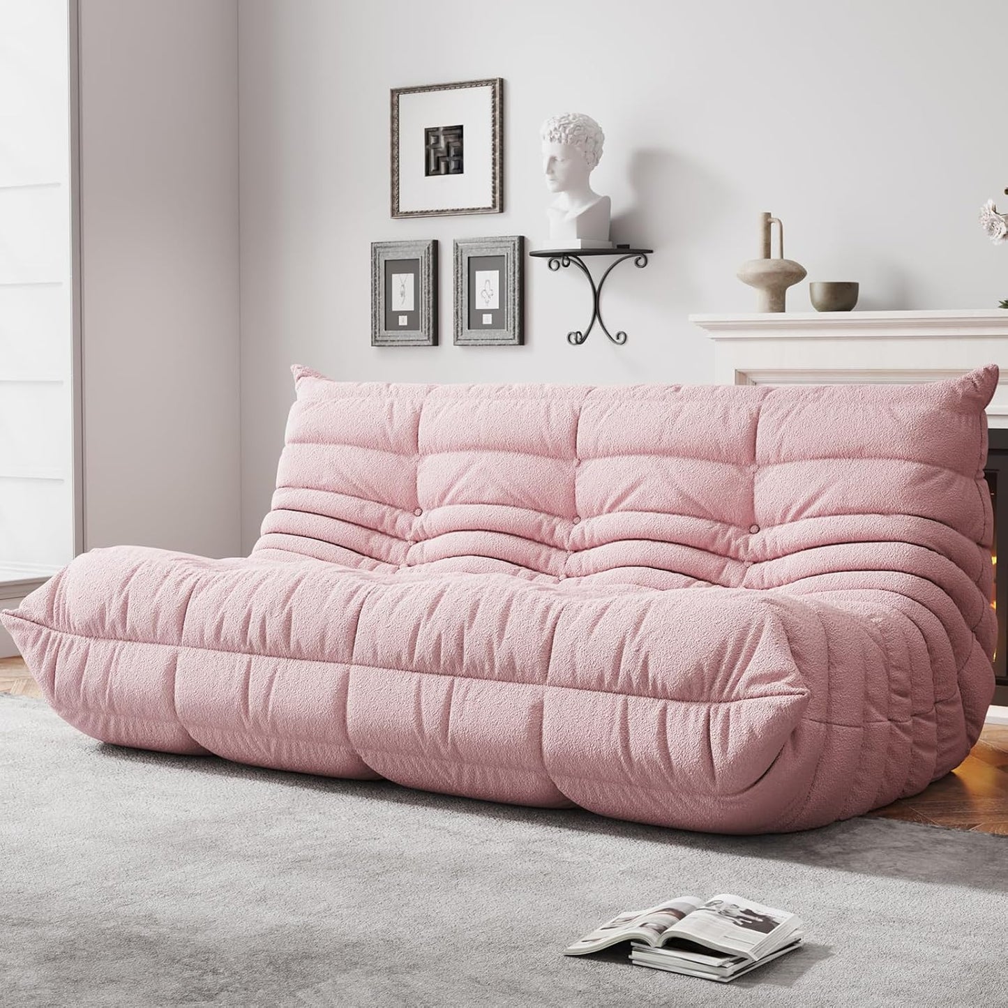 Bean Bag Chairs for Adults, BeanBag Reading Chair Memory Foam Couch 3-Seater, Floor Chair Soft Teddy Material, Comfy Reading Nook Chairs for Bedroom Living Room Office (Pink)