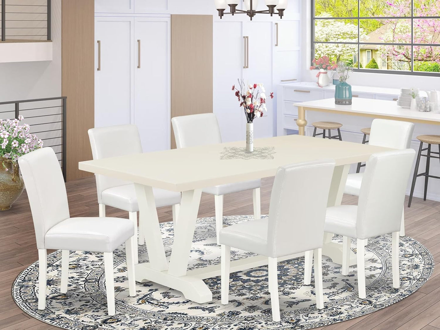 East West Furniture V027AB264-7 7 Piece Dining Room Furniture Set Consist of a Rectangle Dining Table with V-Legs and 6 White Faux Leather Upholstered Chairs, 40x72 Inch, Multi-Color