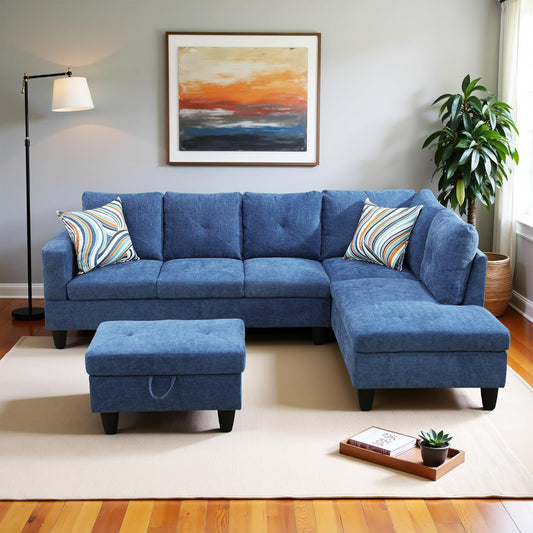 Couches for Living Room Modern L Shaped Couch Comfy Linen Fabric 3 Pieces Sectional Sofa with Chaise, Ottoman with Storage for Office and Small Apartment, Blue