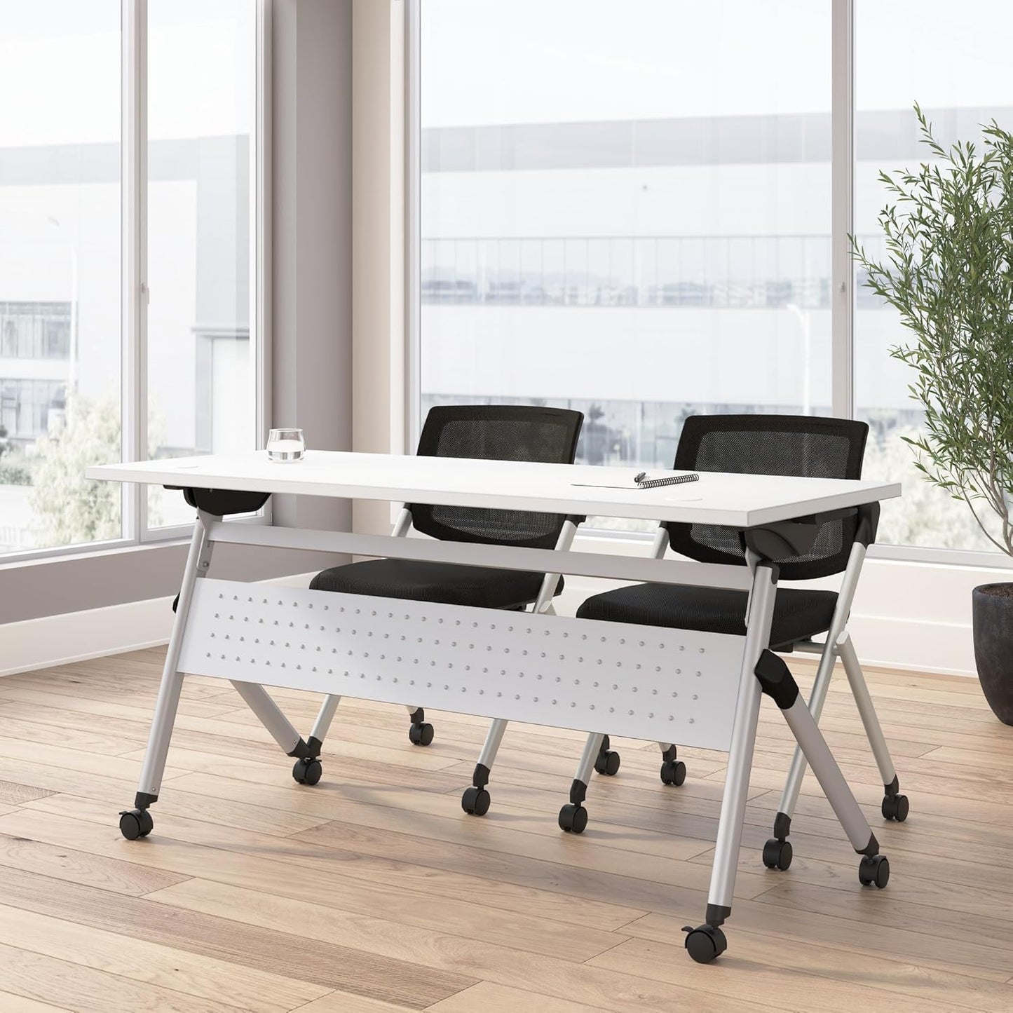 Bush Business Furniture Folding Training Table Set for 2, 60 inch, 2 Mesh Back Folding Chairs, Commercial-Grade Bundle for Office or Classroom, Envision Collection, White