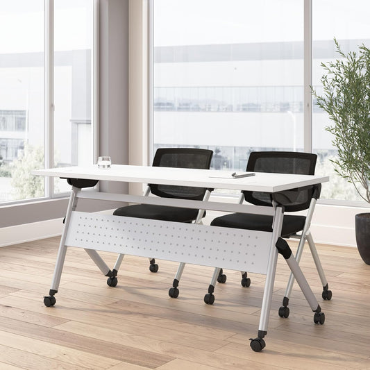 Bush Business Furniture Folding Training Table Set for 2, 60 inch, 2 Mesh Back Folding Chairs, Commercial-Grade Bundle for Office or Classroom, Envision Collection, White