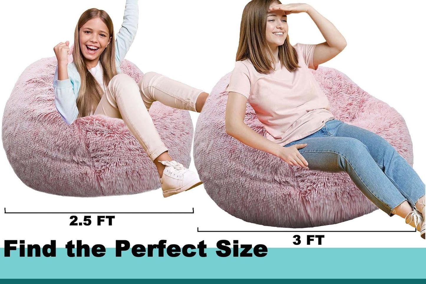 Fluffy Bean Bag Chair, 3FT Round Memory Foam Filled Bean Bag for Teens & Kids, Ultra Soft Faux Fur Fabric Bean Bag Chairs for Playroom, Living Room, Bedroom,Pink