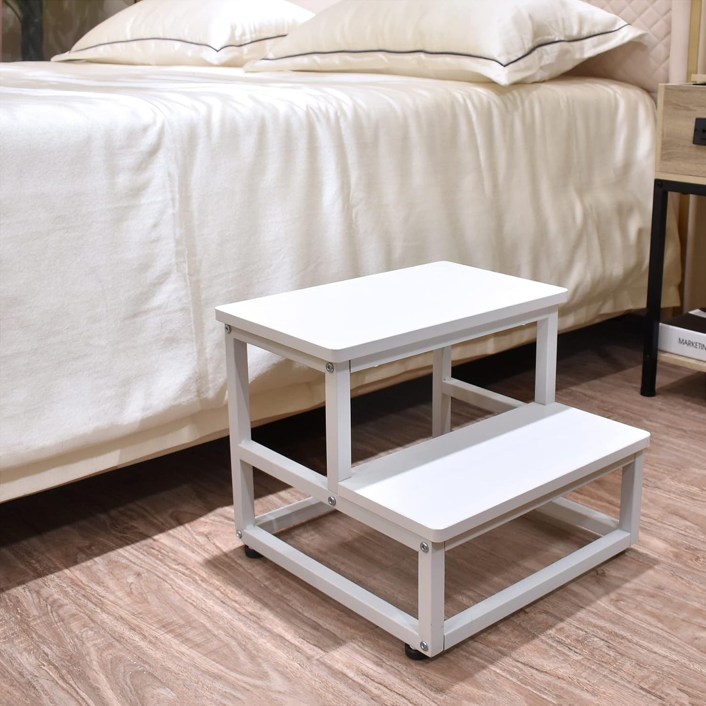 Nursery Step Stool, Wooden and Metal Foot Stool for Adult Kid, Steps for High Beds with Round Corners, Small Stepping Stool for Bedroom Kitchen, Load 500 LB, White
