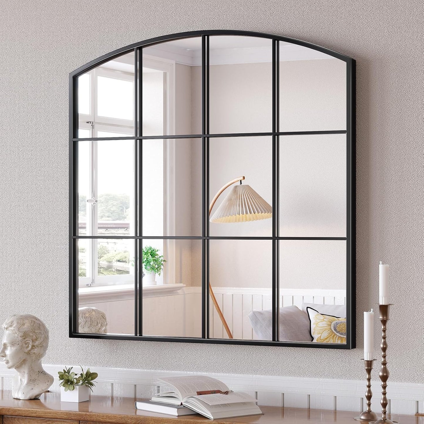 Window Pane Black Mirror, 36" x 36" Farmhouse Arched Wall Mirror, Large Arch Grid Mirror for Living Room Bedroom Farmhouse Fireplace Hallway Entryway