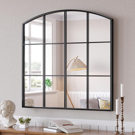 Window Pane Black Mirror, 36" x 36" Farmhouse Arched Wall Mirror, Large Arch Grid Mirror for Living Room Bedroom Farmhouse Fireplace Hallway Entryway