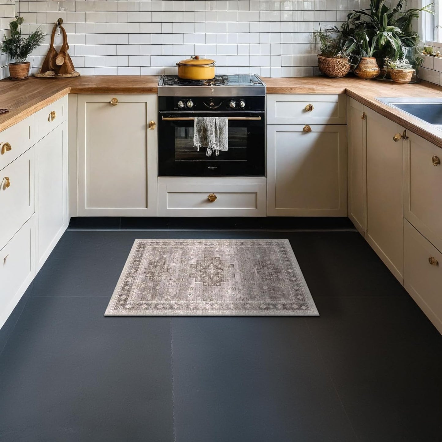 2x4 Boho Runner Rug, Neutral Farmhouse Entryway Rugs, Small Throw Runners for Hallway Bedroom Kitchen, Vintage Floral Design & Non-Slip Low-Pile Washable Stain Resistant Beige Latte