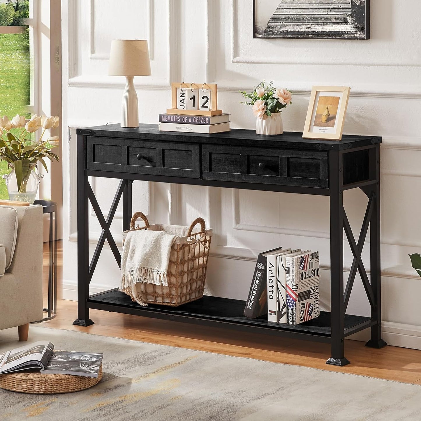 HOMBAZAAR Entryway Table,Rustic Console Table with 2 Drawers, Industrial Console Tables with Storage for Entryway, Hallway, Living Room,Black,47 Inch