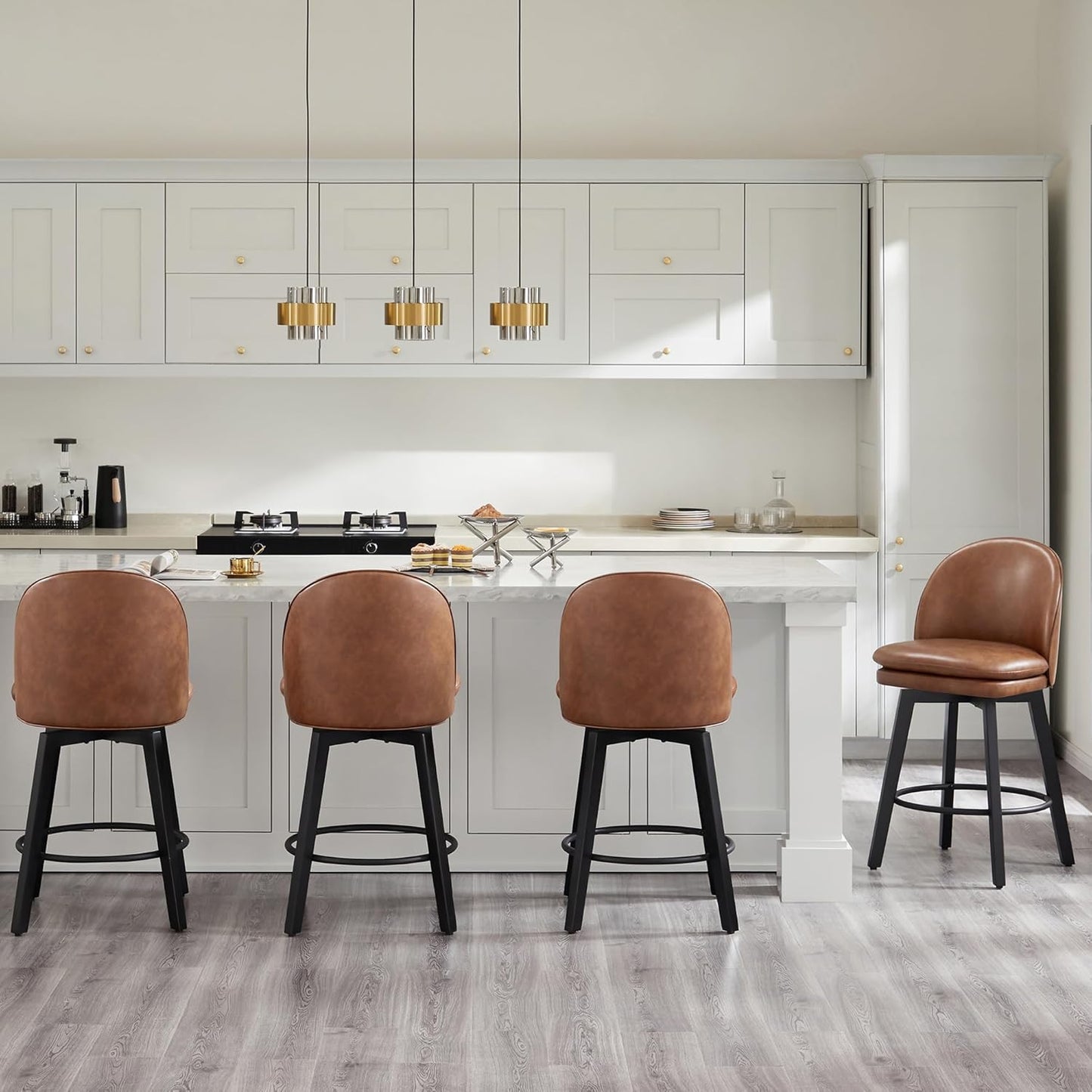 Counter Height Barstools 26 inch Upholstered Swivel Bar Stools with Back and Wood Legs for Kitchen Island,Set of 2,Brown PU Leather-Armless