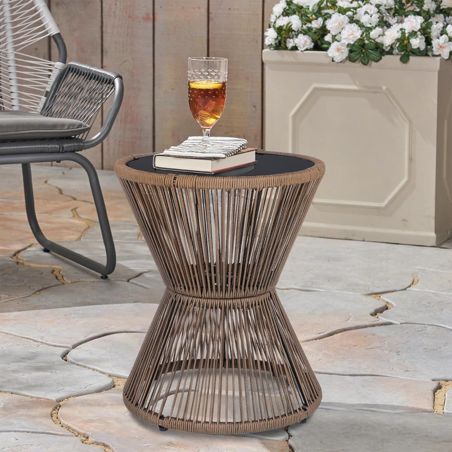 LEWIS&WAYNE Small Outdoor Side Table Patio 20’’ H Woven Rope Hourglass End Table with Glass Top Round Coffee Table for Living Room Outdoor Patio Backyard Poolside (Brown)