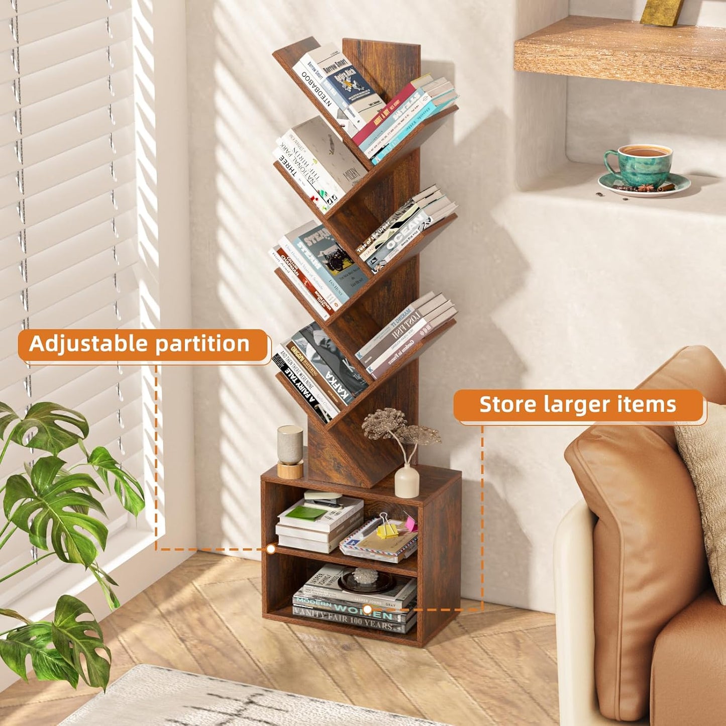 10 Tier Tree Bookshelf,Floor Standing Wood Tall Bookcase for Narrow Space, Storage Organizer Bookshelves for Books, Book Case for CDs/Movies/Books,Home Office,Living Room, Bedroom