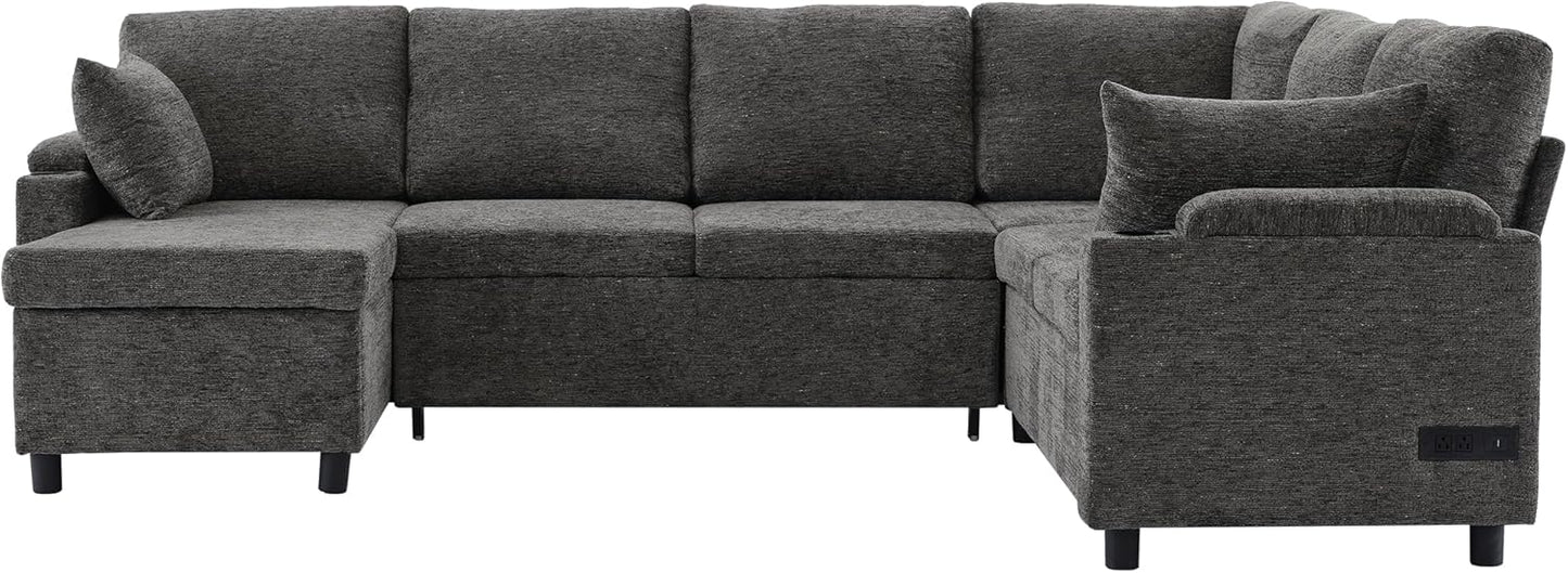 Eafurn Oversized U Shaped Sectional Sleeper Sofabed Pull Out Couch Bed for Living Room 6 Seater Upholstered Convertible Pullout Lounge Sofa Couch w/Storage Chaise, USB Ports for Living Room Apartment