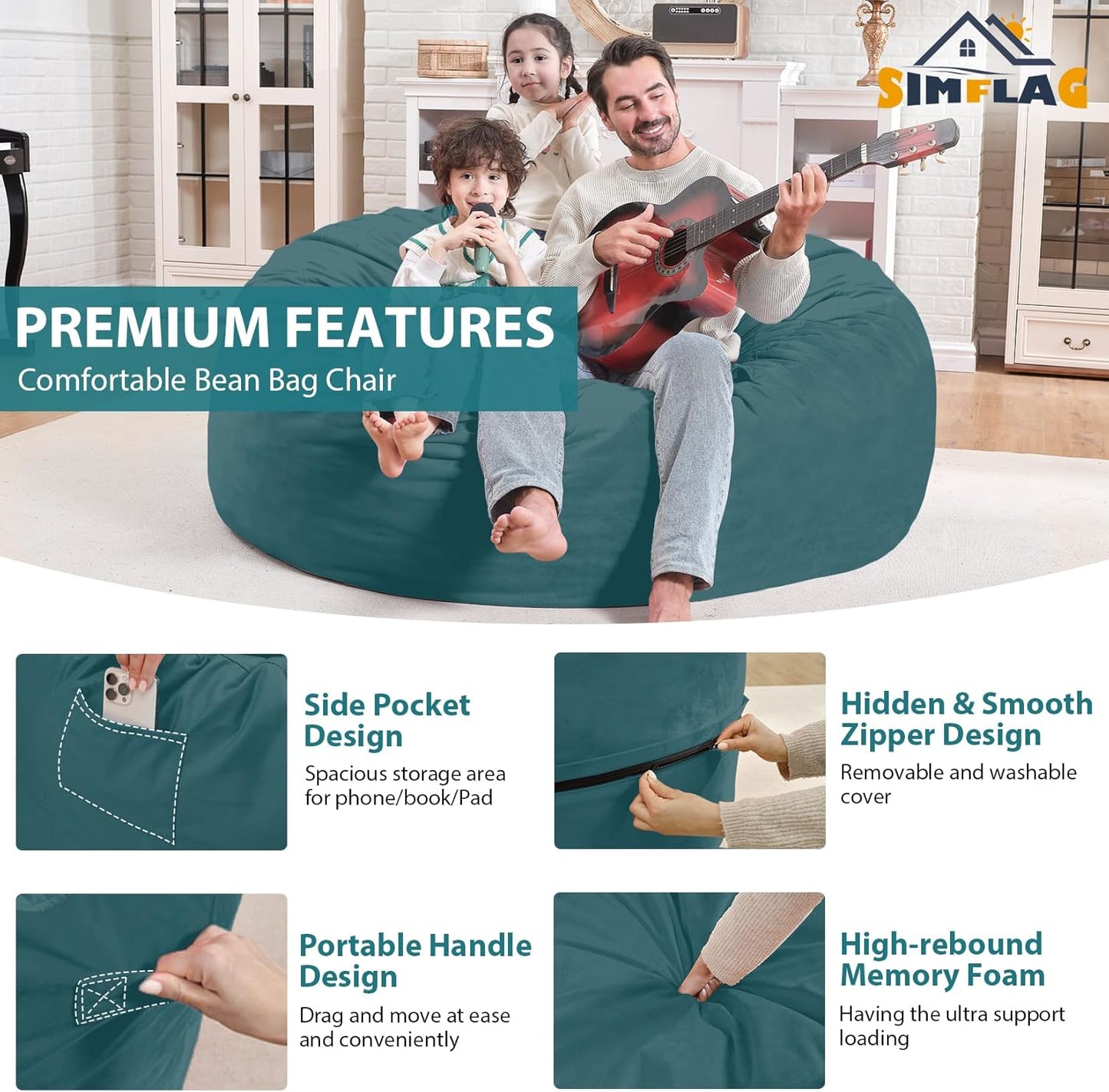 4FT Bean Bag Chair, Large Bean Bag Chairs with Memory Foam Filled, Fluffy Beanbag Sofa with Dutch Velvet Cover, Round BeanBag Chairs for Living Room, Playroom - Sea Blue