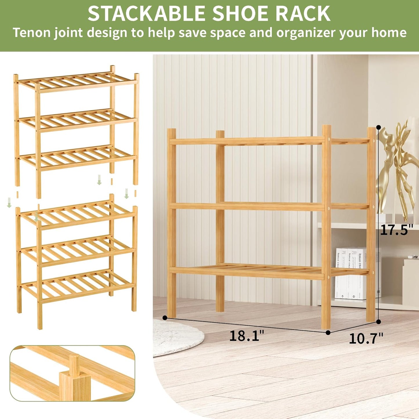 3-Tier Bamboo Small Shoe Rack, Free Standing Wood Shoe Shelf Storage Organizer for Closet Entryway Stackable (Natural)