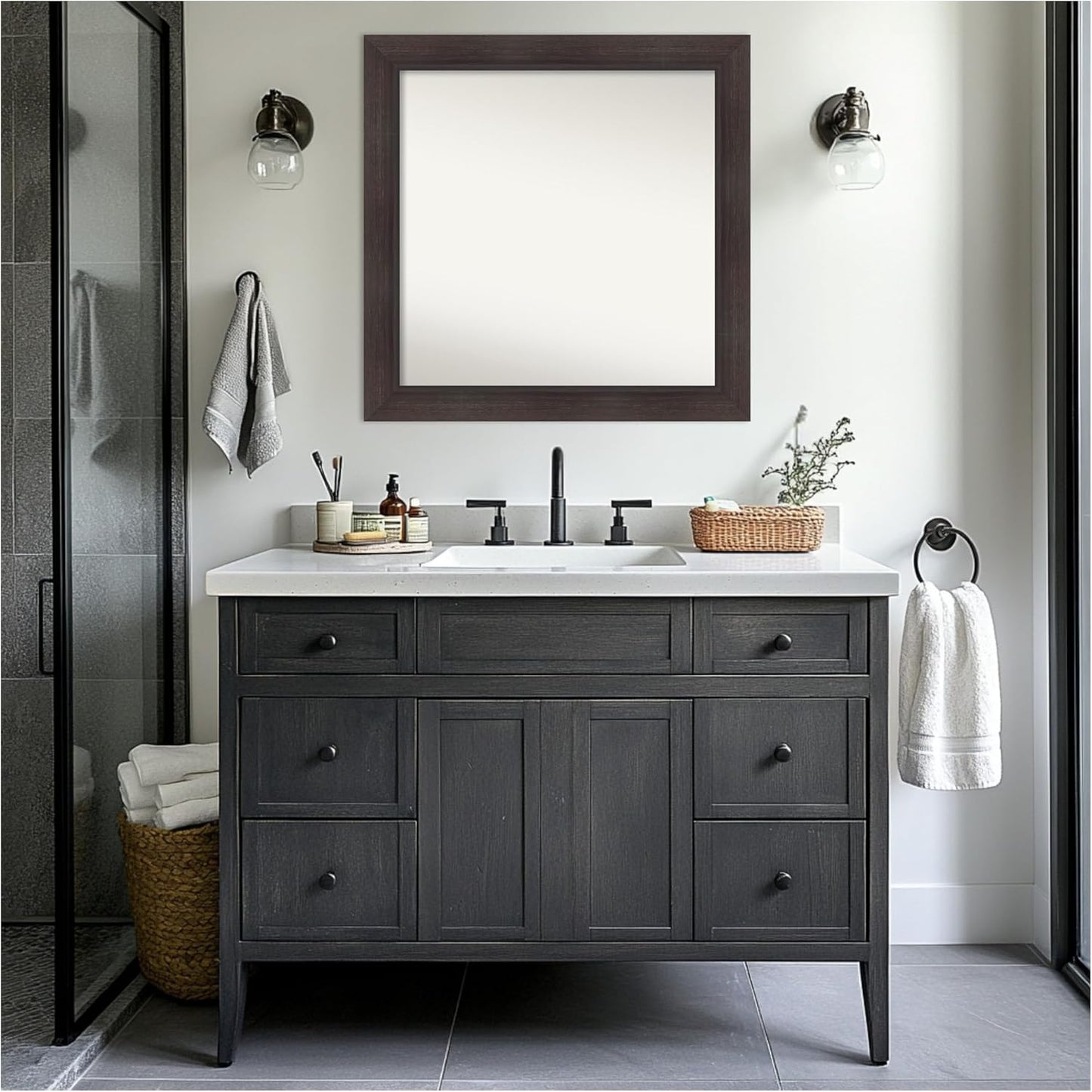 Amanti Art Brown Bathroom Mirror for Over Sink, 32x32 Sloped Espresso Square Vanity Mirror, Large Modern Contemporary Frame, Hangs Horizonally and Vertically, Bathroom Wall Decor, Non-Beveled Edge