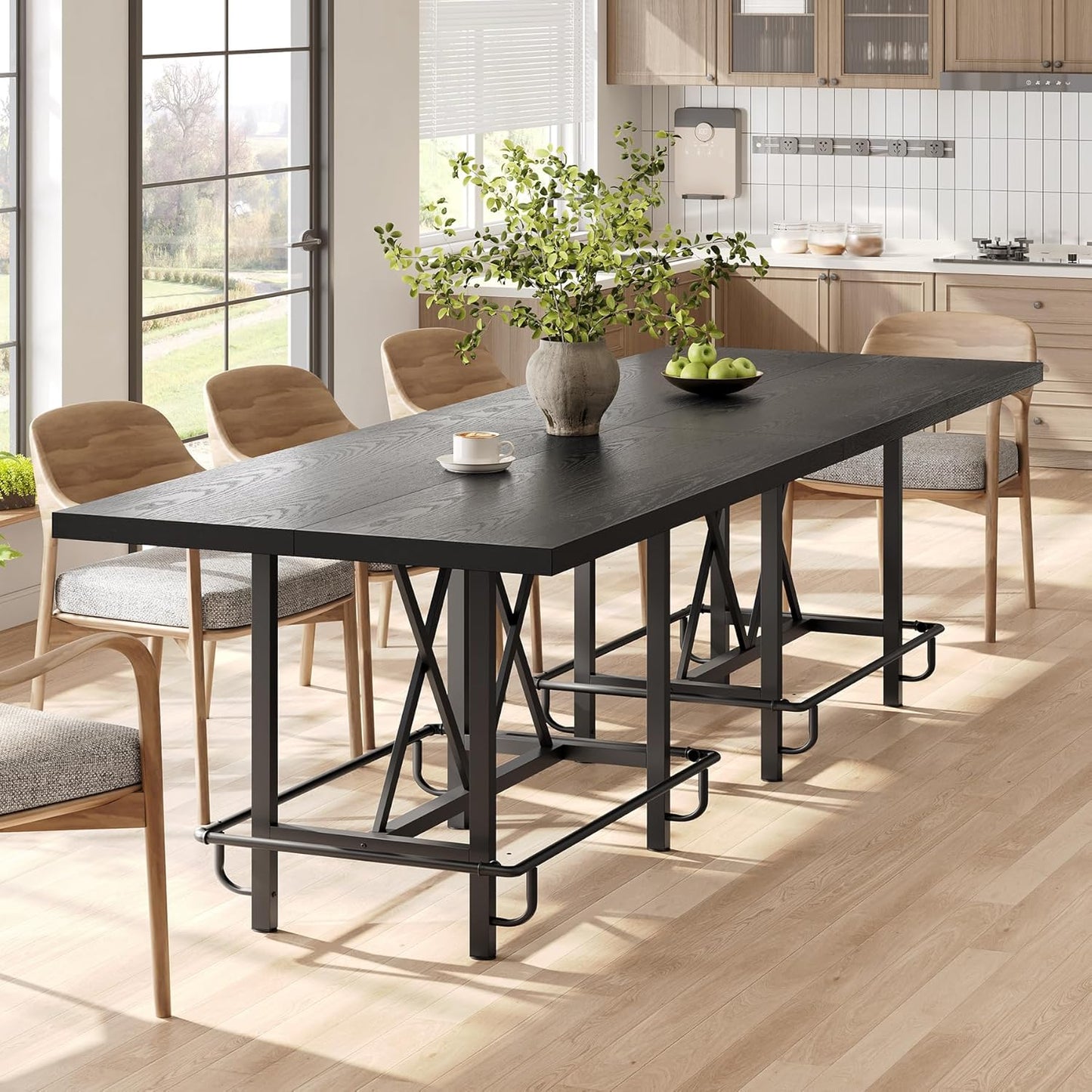 LITTLE TREE 63-Inch Industrial Bar Table with Metal Footrest, Counter Height Pub Table for Kitchen, Home Bar & Entertaining (Black)