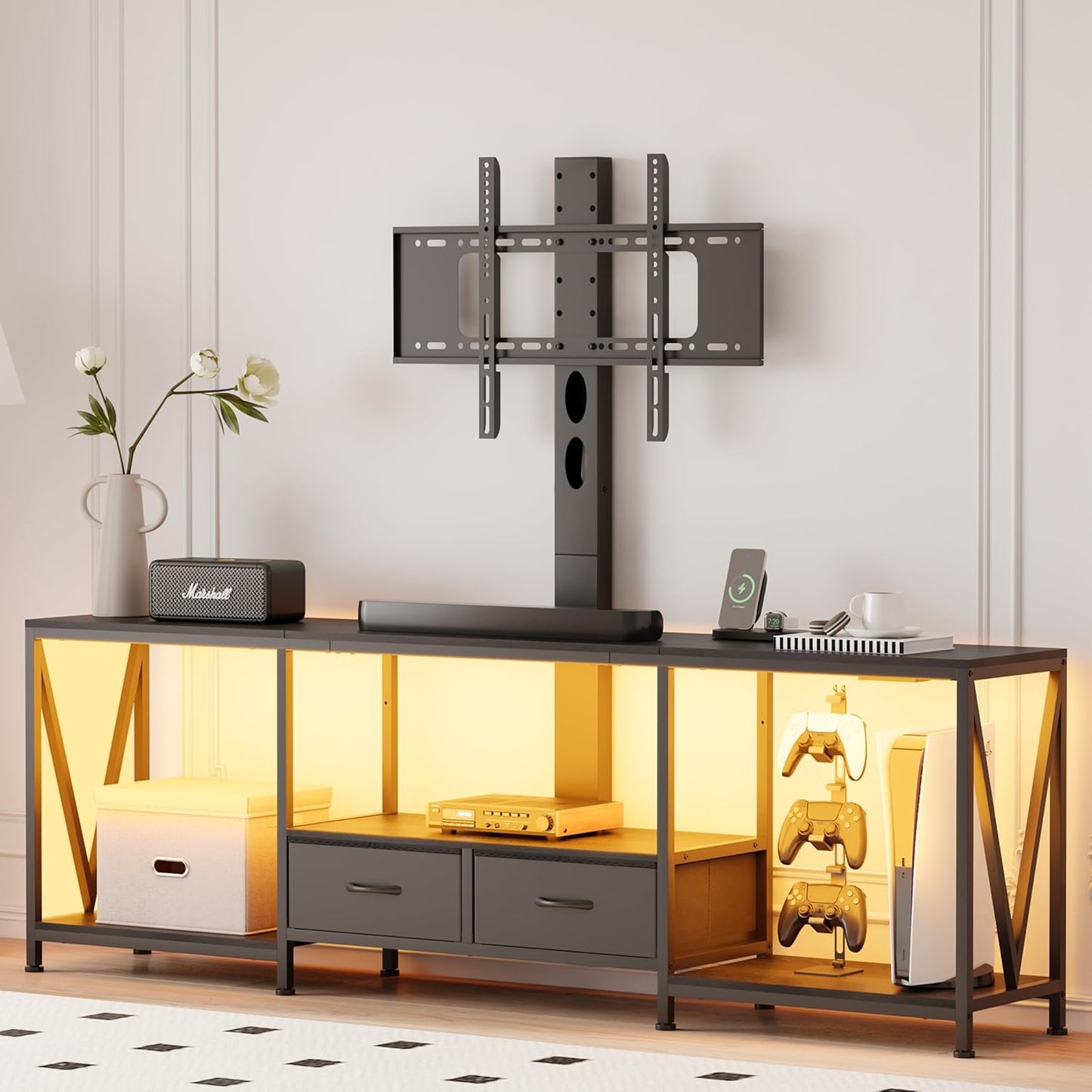 63" W TV Stand with Mount for 50,55,65,75" TV,Entertainment Center with Power Outlet and Led Lights,Height Adjustable TV Console Table with Open Storage Shelves and Fabric Drawers (Black)