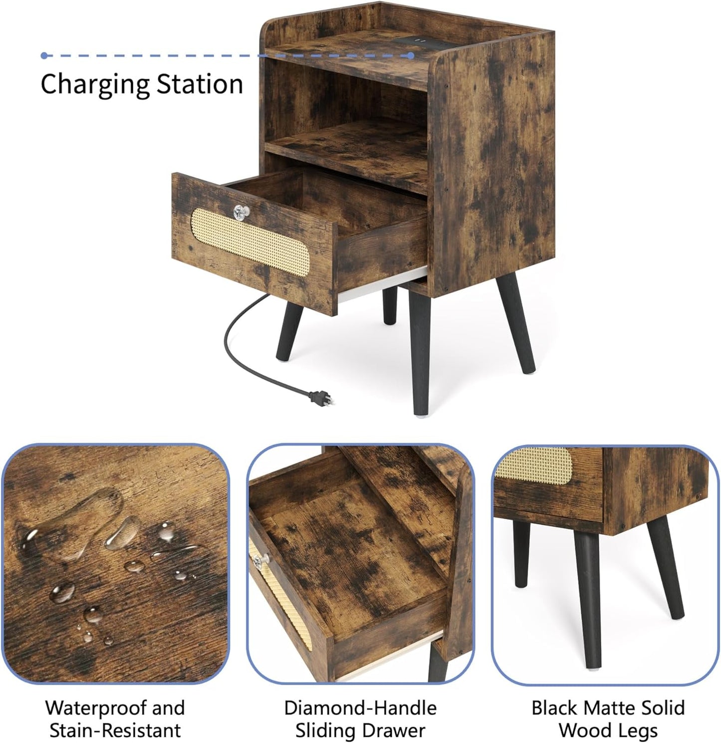 Nightstands/Beside Table Set of 2 with Charging Station, End Table with Diamond Handle and Rattan-Style Drawer, Rustic Brown