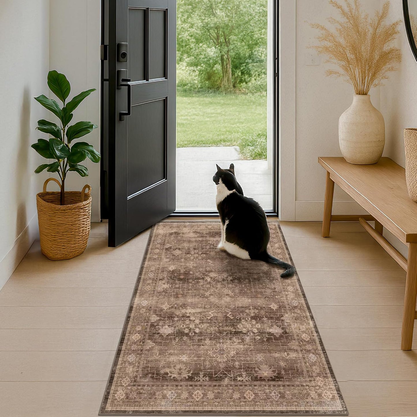 Brown Boho Washable 3x6 Large Kitchen Runner Rug, Indoor Entryway Home Office Floor Rug, Non-Slip Stain & Fade Resistant, Vintage Dark Neutral Floral Decor