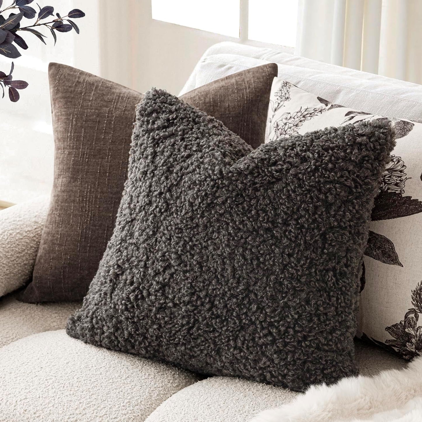Foindtower 2 Pieces 26x26 Inch Dark Gray, Faux Fur Throw Pillow Cover Accent Sherpa Furry Pillow Covers Fuzzy Soft Pillowcases Cozy Sheepskin Decorative Fleece Cushion Case for Bed Couch Living Room