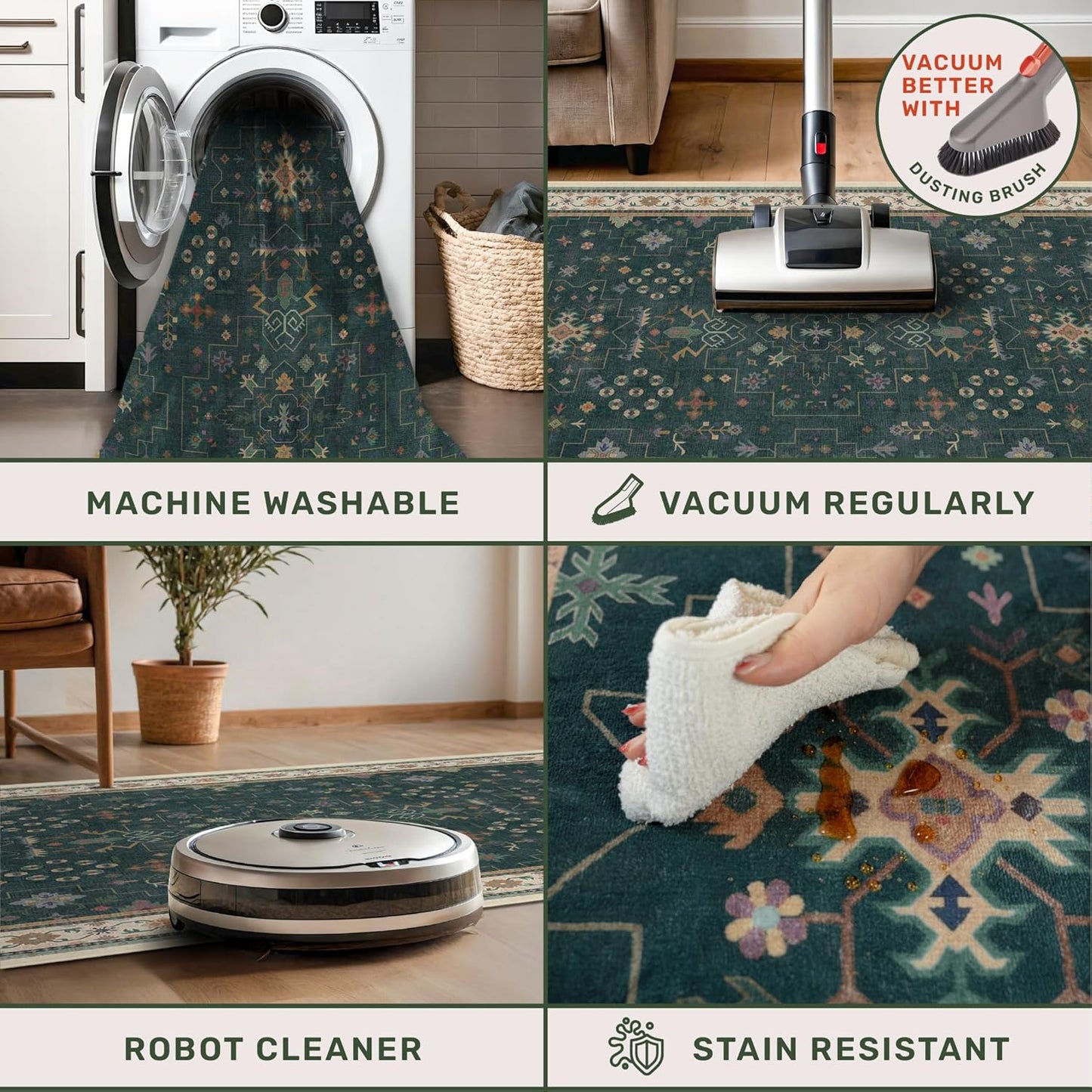 Dark Green 2x7 Kitchen Rug - Modern Vintage Boho Eclectic Floral Pastel, Washable Low Pile Non-Slip Long Runner Rugs for Hallway, Bedroom