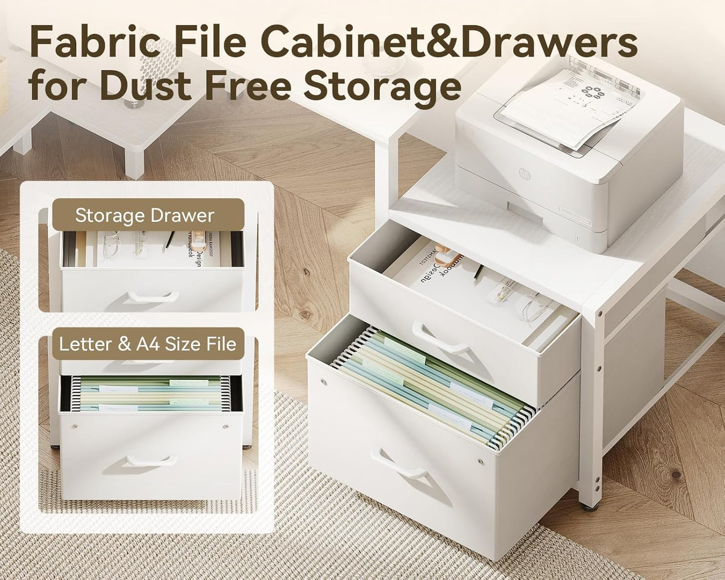 Casaottima L Shaped Desk with Drawers & File Cabinet, Reversible White Computer Desk with Storage Shelves & CPU Stand, Corner Desk with Power Outlets, L Table for Home Office