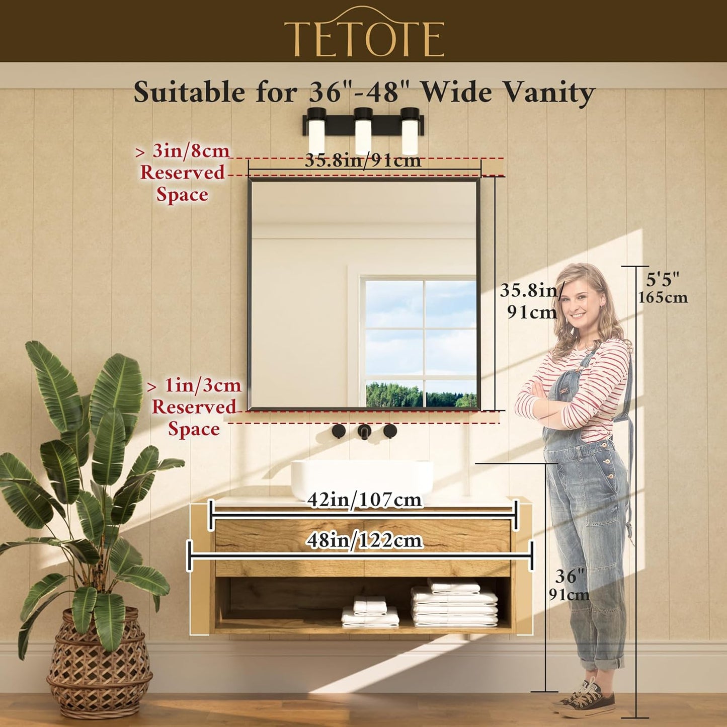 TETOTE Brushed Gold Vanity Mirror for Bathroom 36" x 36" Brushed Brass Rectangle Beveled Framed Bathroom Wall Mirror for Over Sink, Tempered Glass, Modern Farmhouse Bedroom, Entryway, Living Room
