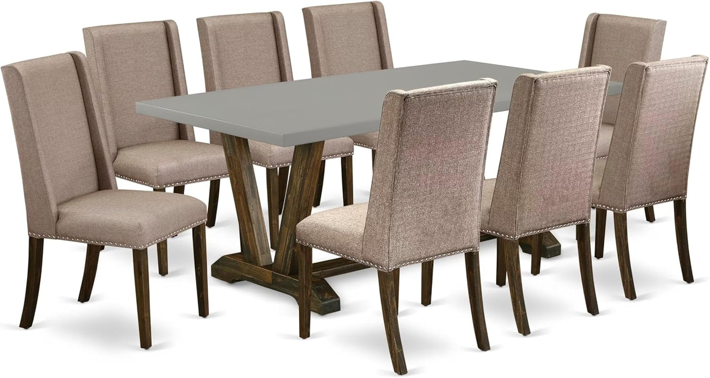 East West Furniture V797FL716-9 9 Piece Dining Room Table Set Includes a Rectangle Dining Table with V-Legs and 8 Dark Khaki Linen Fabric Upholstered Chairs, 40x72 Inch, Multi-Color