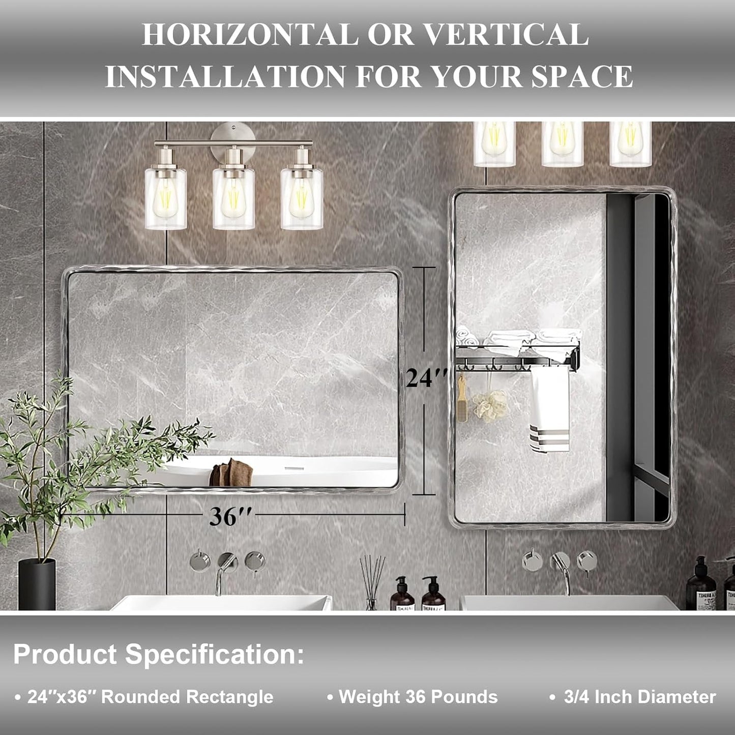 ANDY STAR Hand-Forged Silver Bathroom Mirror for Wall, 24x36 Inch Vintage Solid Steel Metal Frame Bathroom Vanity Mirror, Antique Rounded Rectangle Wall Mirror, Hangs Horizontally or Vertically