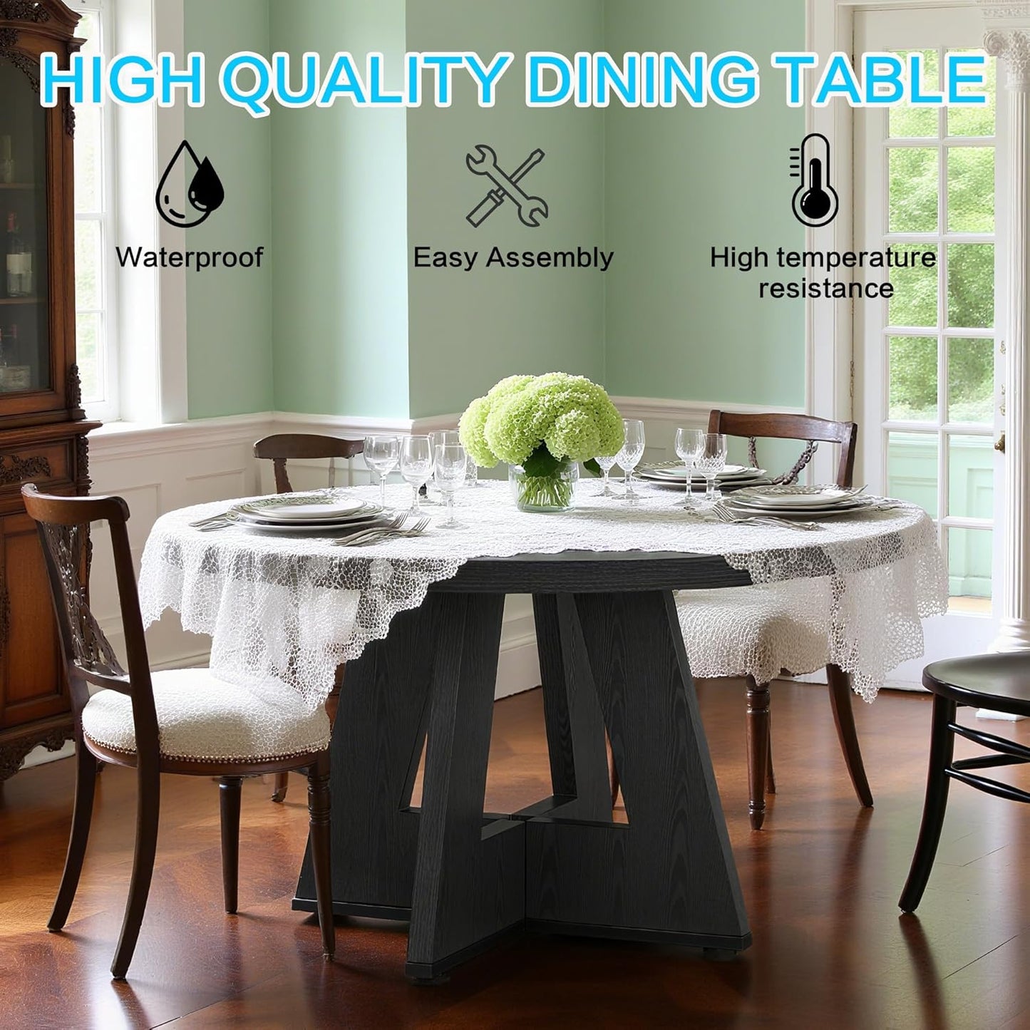 47" Round Dining Table for 4-6, Modern Dinner Table Farmhouse Round Small Kitchen Tables with Wooden Cross Base for Dining Room, Kitchen, Living Room, Black