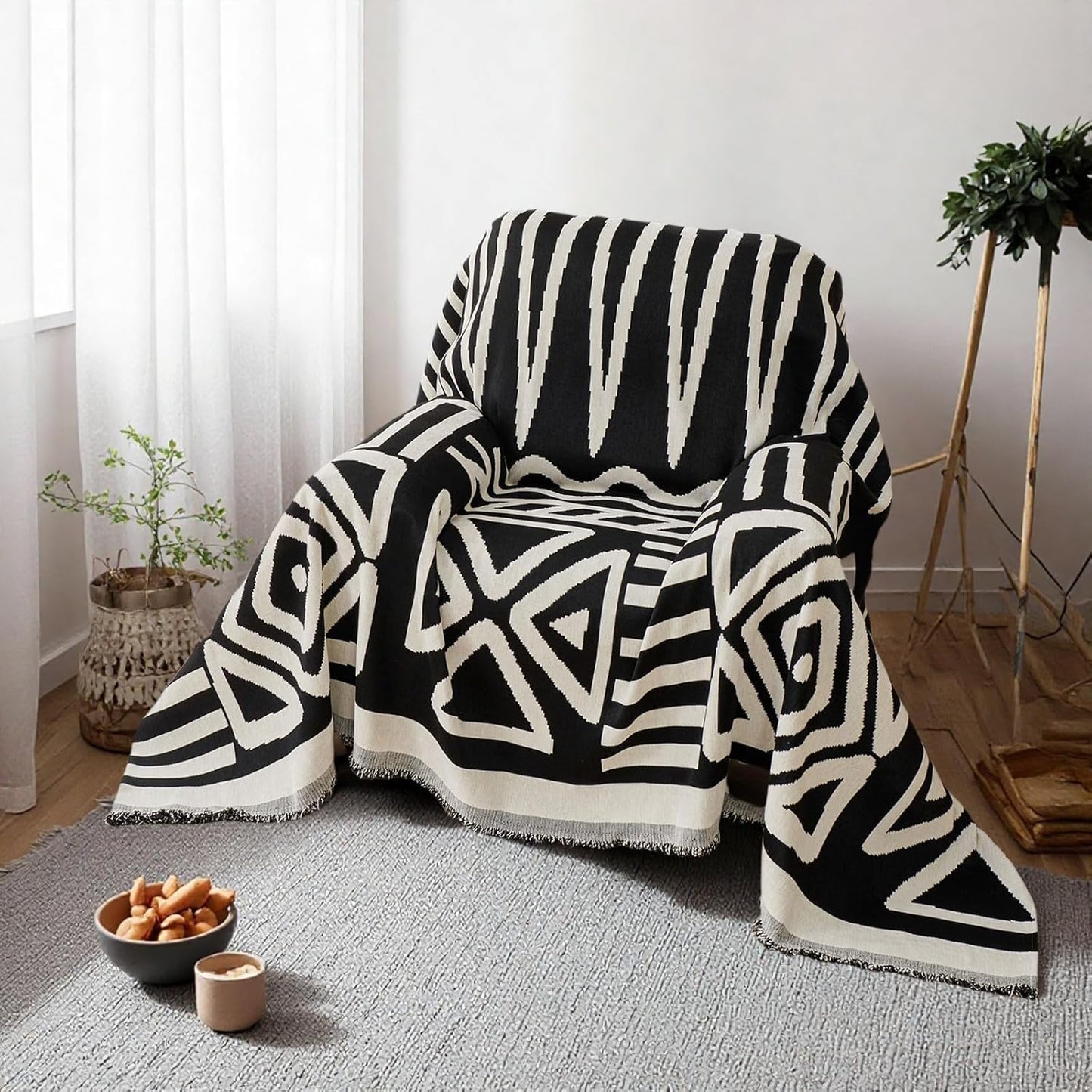 STACYPIK Boho Jacquard Sofa Cover for Dogs, Non Slip Black Geometric Triangle Couch Cover for 1 Seater, Armchair Slipcovers, Reversible Loveseat Cover, Multi-use Furniture Protector for Pets-71X71IN