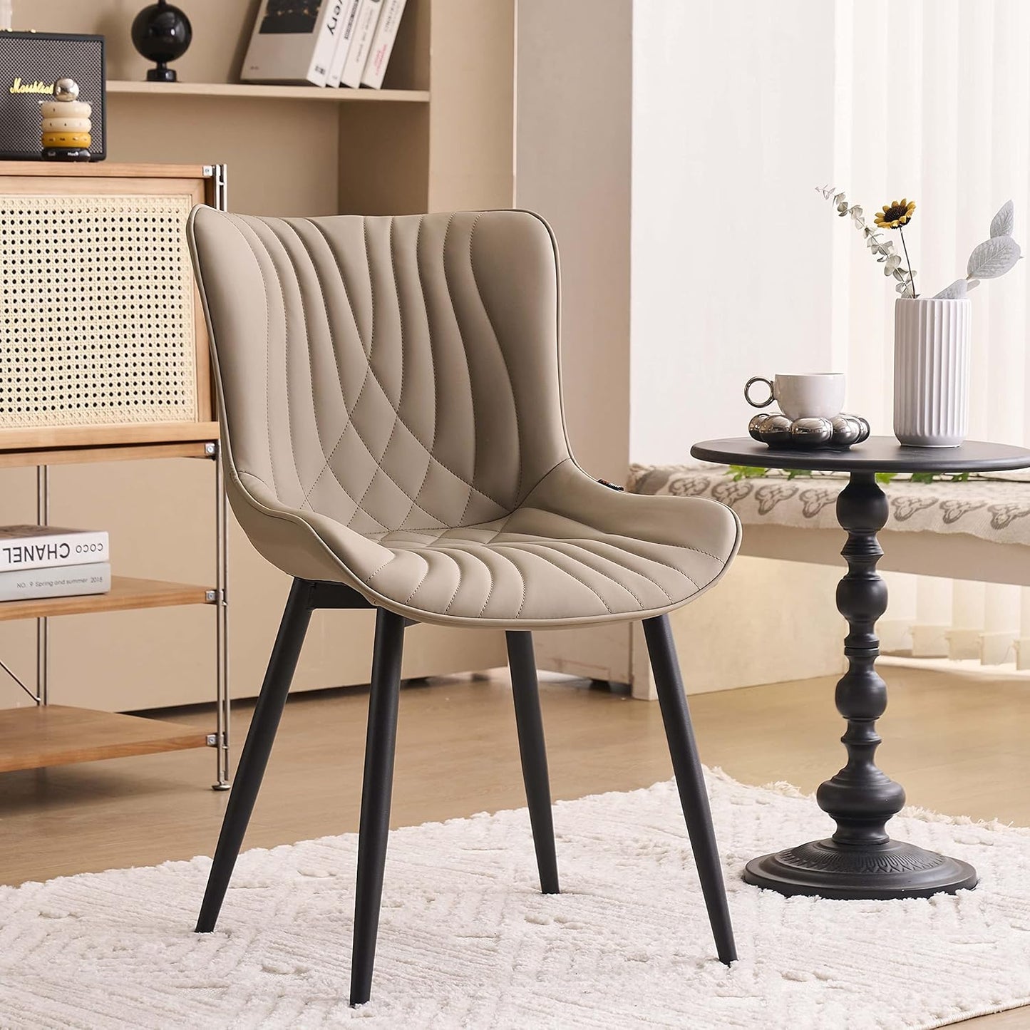 YOUTASTE Dining Chairs Set of 2 Upholstered Mid Century Modern Kitchen Dining Room Chairs Armless Faux Leather Accent Chairs Metal Vanity Lounge Chair with Back for Living Room Bedrooms,Khaki