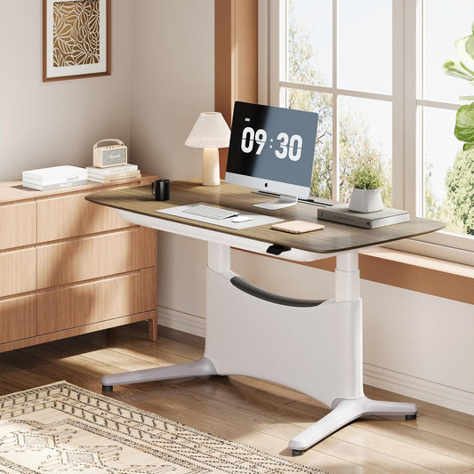 COLAMY Electric Adjustable Standing Desk – 48 x 28 Inch Sit Stand Desk with Drawer & Cable Management, Dual Motor Lift System, Ergonomic Footrest, Home Office Table (Veneer Desktop, Walnut + White)