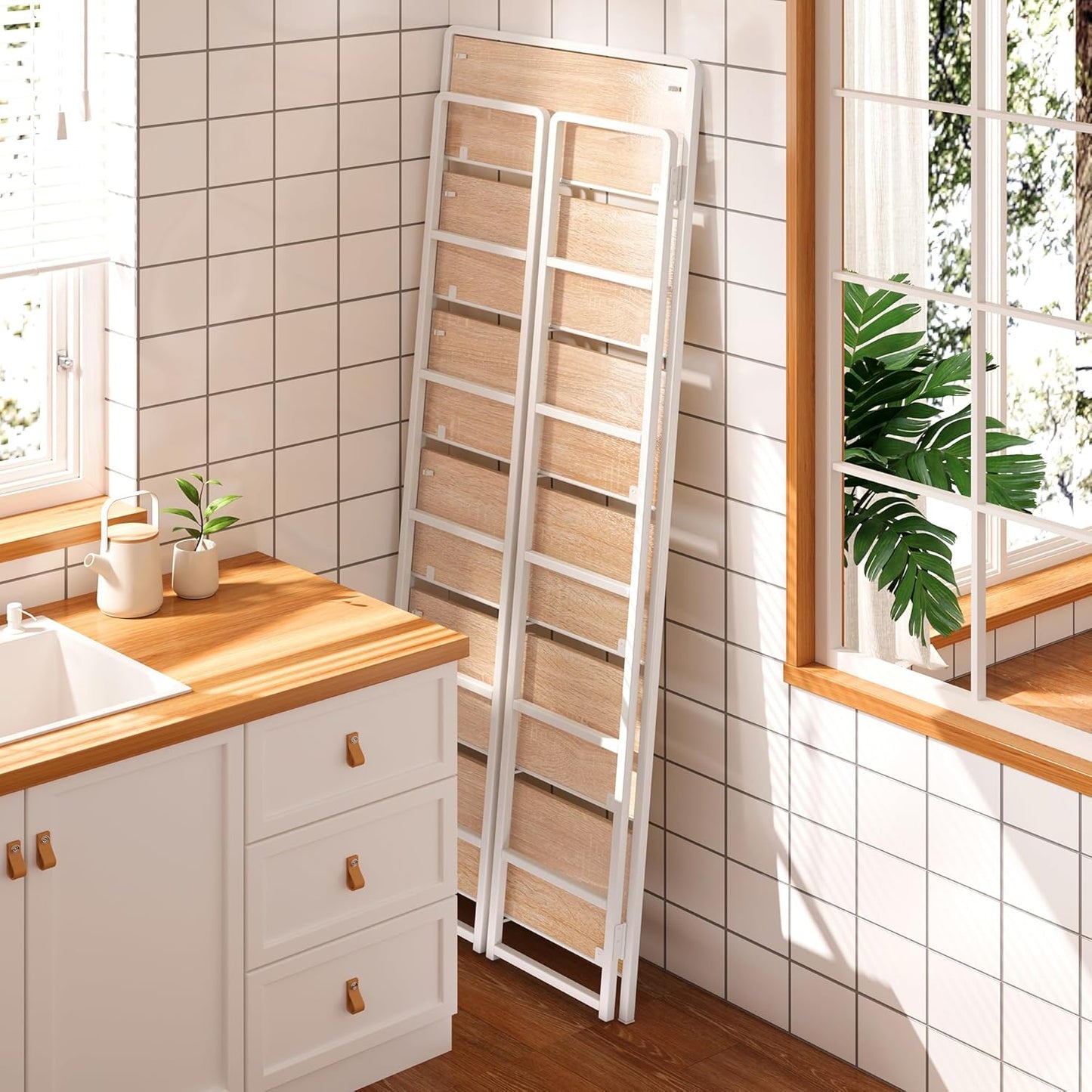 4NM No-Assembly 6 Tiers Folding Bookshelf Storage Shelves Vintage Bookcase Standing Racks Study Organizer Home Office (Natural White)