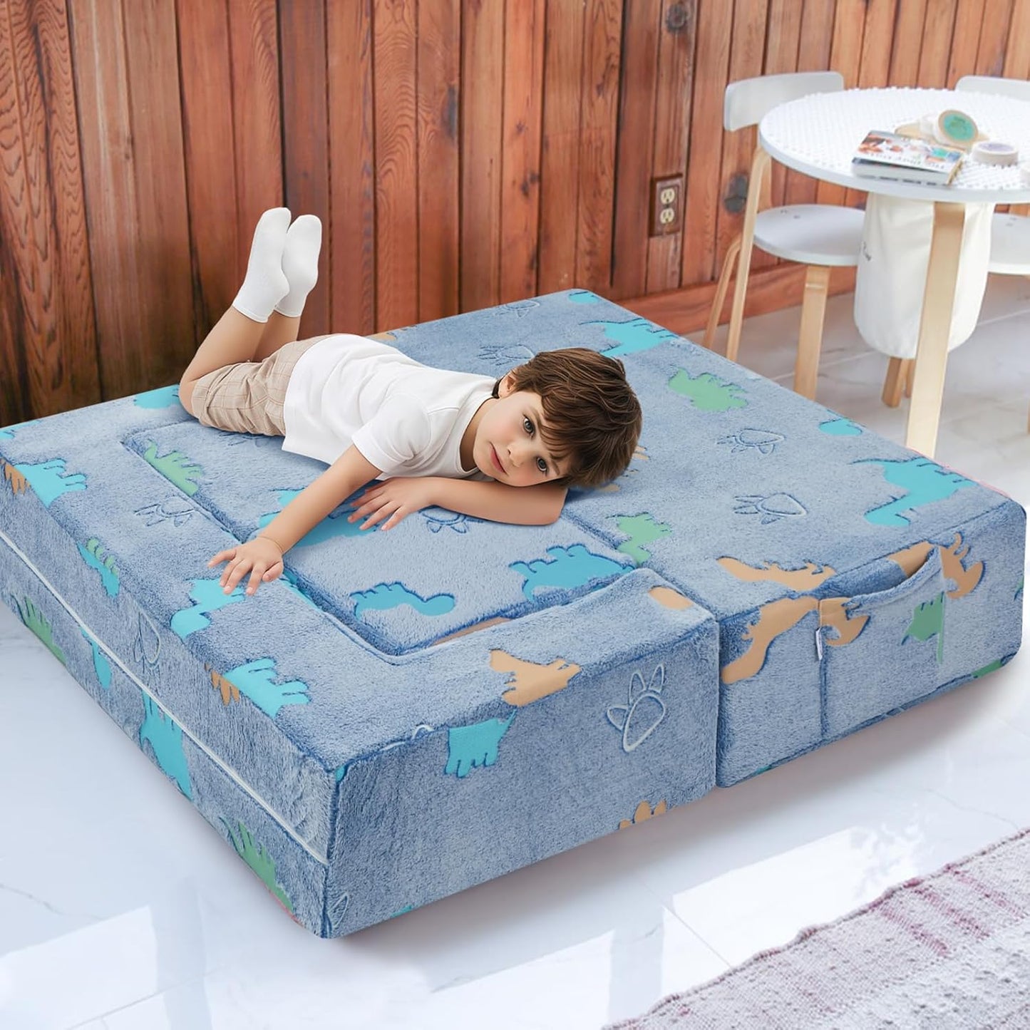 MeMoreCool Modular Kids Couch Dinosaur, Glow Dino Play Toddler Couch for Bedroom, Convertible Foam Kids Sofa Bed, Fold Out Baby Sofa for Girl Boy
