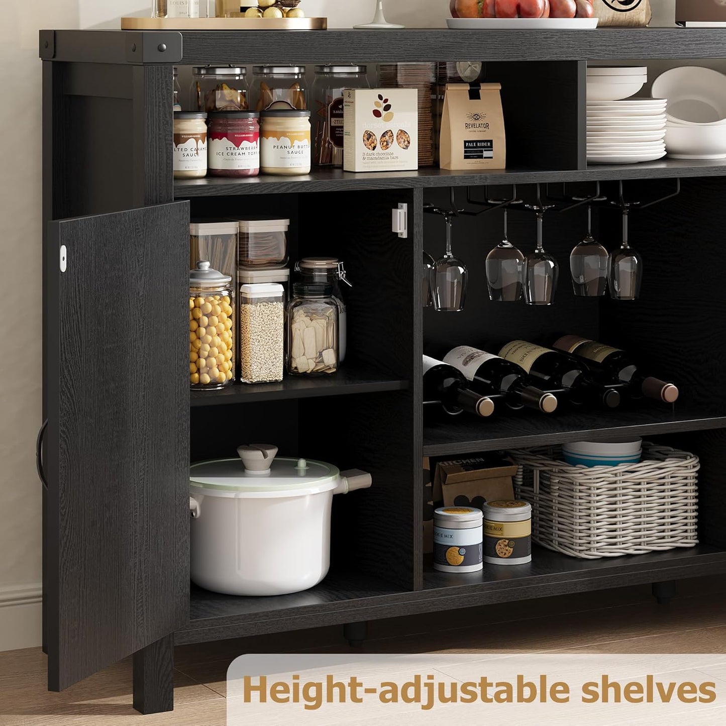 IDEALHOUSE Rattan Buffet Cabinet with Storage, Rattan Wine Bar Cabinet, Sideboard with Glass Holder, Adjustable Shelves, Coffee Bar Cabinet for Living Room Dining Room Hallway, Black