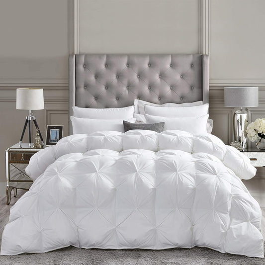 Luxurious All-Season Goose Down Feather Fiber Comforter Oversize Queen Duvet Insert (98x98), Exquisite Pinch Pleat Design- White, Premium Baffle Box, 100% Egyptian Cotton Cover, 70 oz. Fill Weight