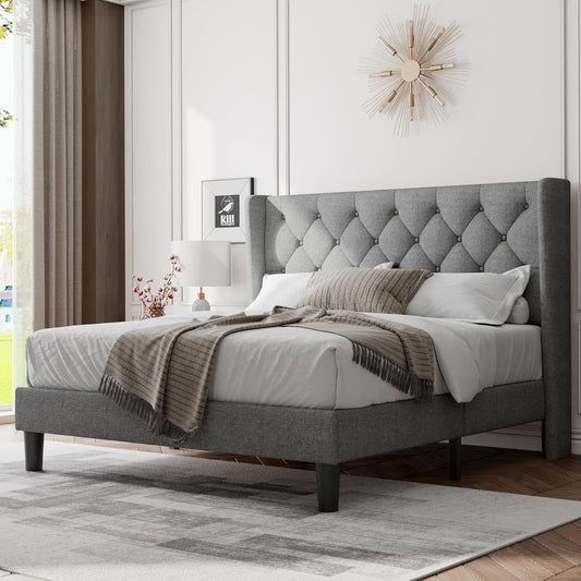 Feonase Queen Bed Frame with Upholstered Wingback Headboard, Platform Bed and Heavy Duty Wooden Slats Support, Easy Assembly, Noise-Free, No Box Spring Needed, Light Gray