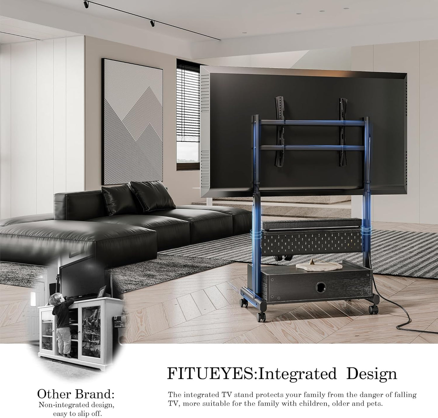 FITUEYES Rolling TV Floor Stand for 40-85in TVs, Heavy Duty Mobile TV Stand on Wheels Lockable, TV Cart with Wooden Large Storage Shelf & Pegboard Hold up to 132 lbs for Bedroom, Living Room, Office