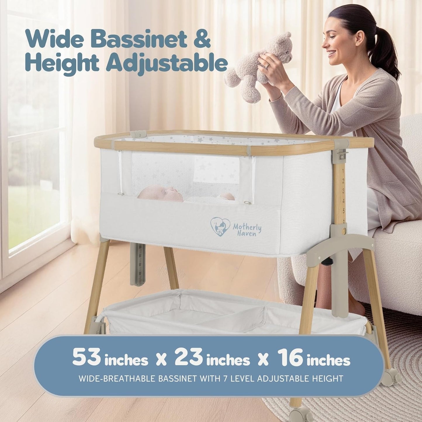 Baby Bassinet Bedside Sleeper, Portable Crib for Newborns, Adjustable 7-Height Auto-Lock, with Wheels, Soft Mattress & Breathable Mesh (White - with Mosquito Net)